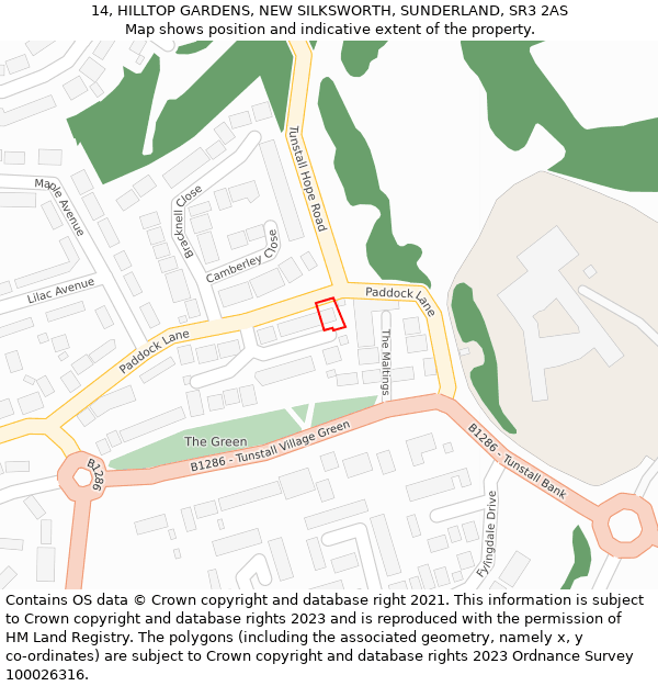 14, HILLTOP GARDENS, NEW SILKSWORTH, SUNDERLAND, SR3 2AS: Location map and indicative extent of plot