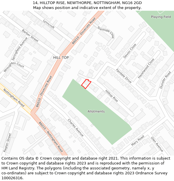 14, HILLTOP RISE, NEWTHORPE, NOTTINGHAM, NG16 2GD: Location map and indicative extent of plot