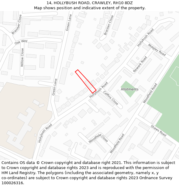 14, HOLLYBUSH ROAD, CRAWLEY, RH10 8DZ: Location map and indicative extent of plot