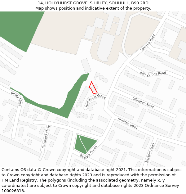 14, HOLLYHURST GROVE, SHIRLEY, SOLIHULL, B90 2RD: Location map and indicative extent of plot