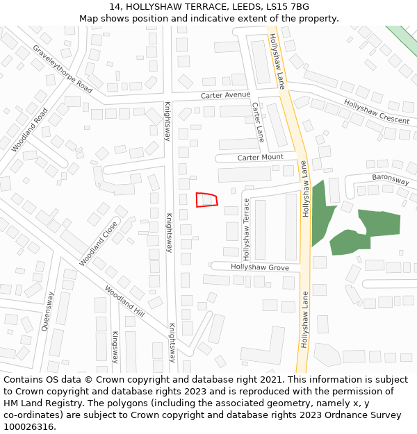 14, HOLLYSHAW TERRACE, LEEDS, LS15 7BG: Location map and indicative extent of plot