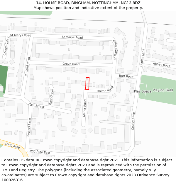 14, HOLME ROAD, BINGHAM, NOTTINGHAM, NG13 8DZ: Location map and indicative extent of plot
