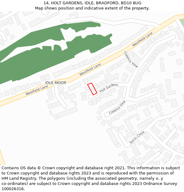 14, HOLT GARDENS, IDLE, BRADFORD, BD10 8UG: Location map and indicative extent of plot