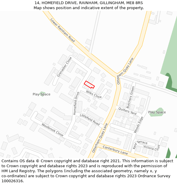 14, HOMEFIELD DRIVE, RAINHAM, GILLINGHAM, ME8 8RS: Location map and indicative extent of plot