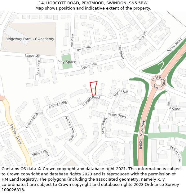 14, HORCOTT ROAD, PEATMOOR, SWINDON, SN5 5BW: Location map and indicative extent of plot