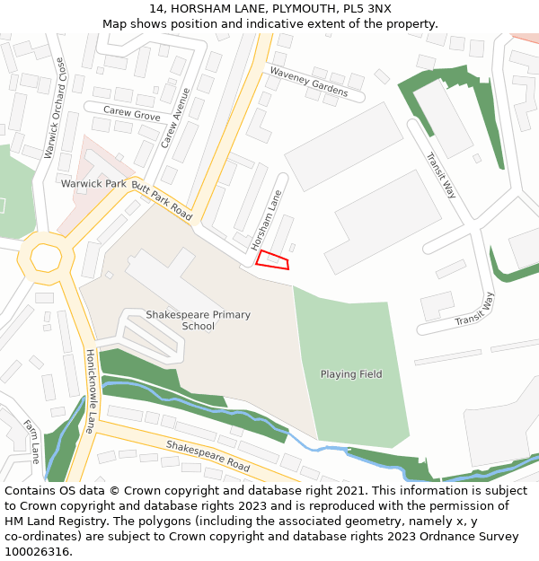 14, HORSHAM LANE, PLYMOUTH, PL5 3NX: Location map and indicative extent of plot