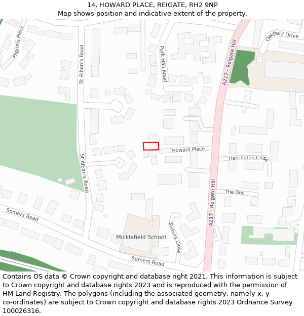 14, HOWARD PLACE, REIGATE, RH2 9NP: Location map and indicative extent of plot