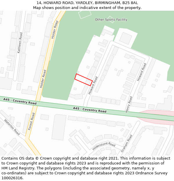 14, HOWARD ROAD, YARDLEY, BIRMINGHAM, B25 8AL: Location map and indicative extent of plot