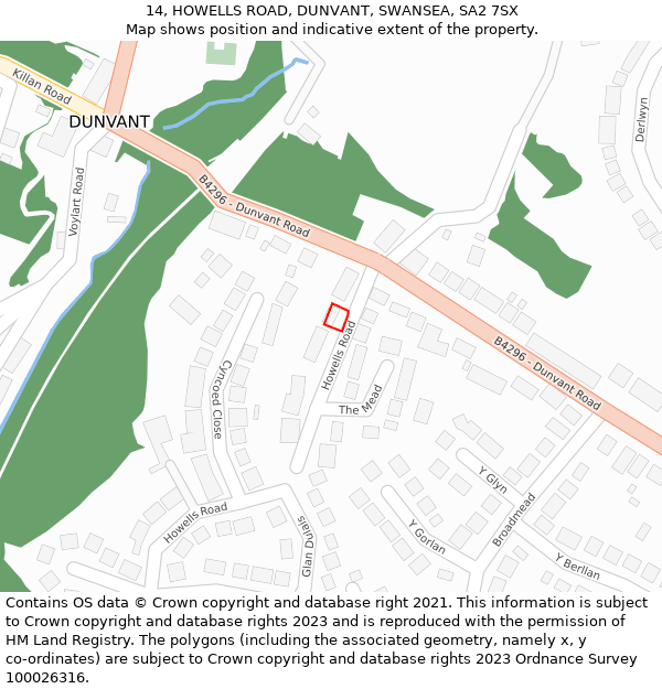 14, HOWELLS ROAD, DUNVANT, SWANSEA, SA2 7SX: Location map and indicative extent of plot