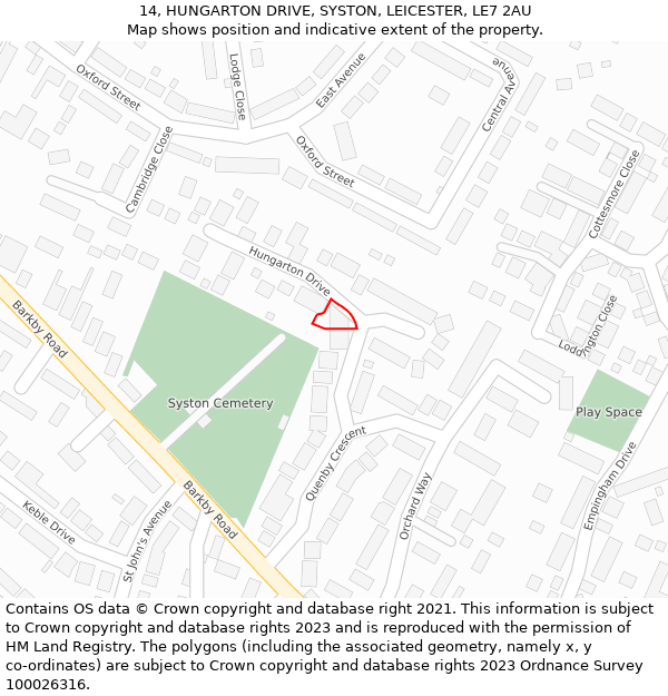 14, HUNGARTON DRIVE, SYSTON, LEICESTER, LE7 2AU: Location map and indicative extent of plot