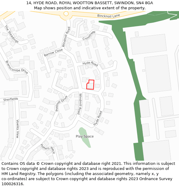 14, HYDE ROAD, ROYAL WOOTTON BASSETT, SWINDON, SN4 8GA: Location map and indicative extent of plot