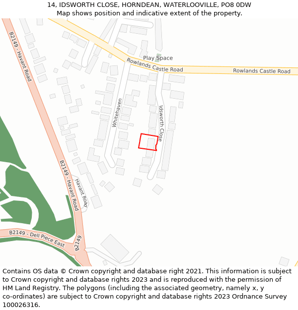 14, IDSWORTH CLOSE, HORNDEAN, WATERLOOVILLE, PO8 0DW: Location map and indicative extent of plot