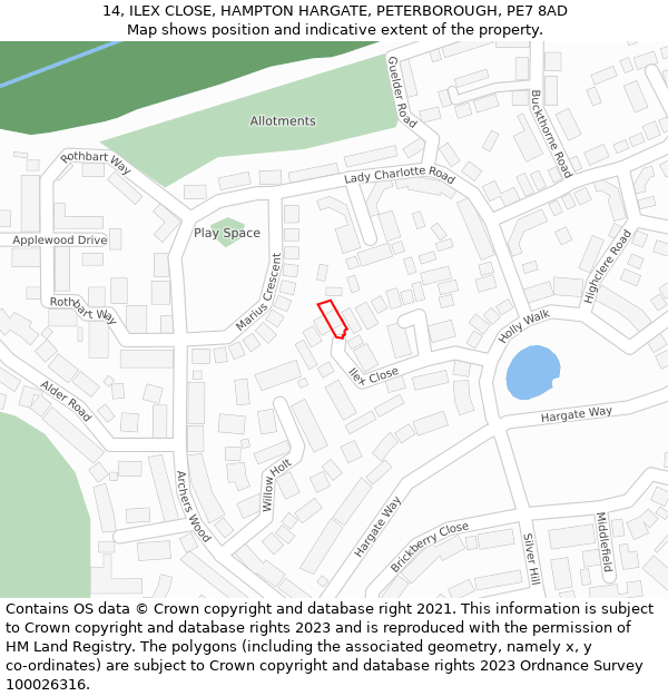 14, ILEX CLOSE, HAMPTON HARGATE, PETERBOROUGH, PE7 8AD: Location map and indicative extent of plot