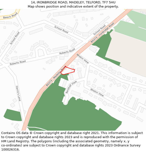 14, IRONBRIDGE ROAD, MADELEY, TELFORD, TF7 5HU: Location map and indicative extent of plot