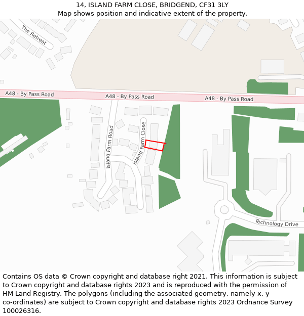 14, ISLAND FARM CLOSE, BRIDGEND, CF31 3LY: Location map and indicative extent of plot