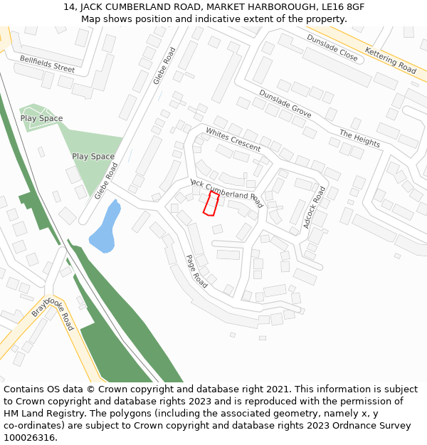 14, JACK CUMBERLAND ROAD, MARKET HARBOROUGH, LE16 8GF: Location map and indicative extent of plot