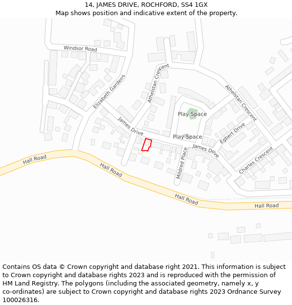 14, JAMES DRIVE, ROCHFORD, SS4 1GX: Location map and indicative extent of plot