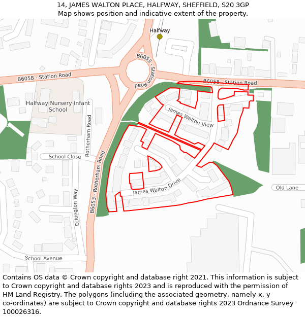 14, JAMES WALTON PLACE, HALFWAY, SHEFFIELD, S20 3GP: Location map and indicative extent of plot