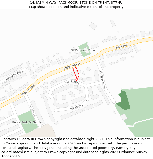 14, JASMIN WAY, PACKMOOR, STOKE-ON-TRENT, ST7 4UJ: Location map and indicative extent of plot