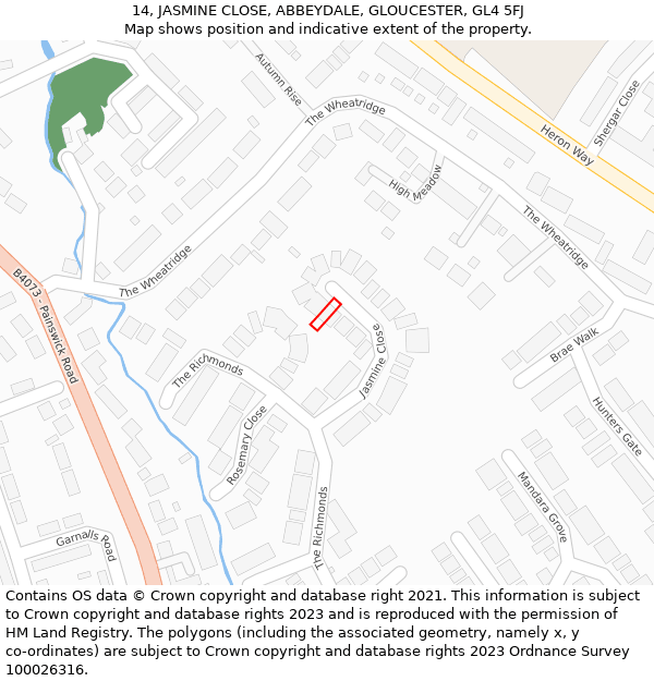 14, JASMINE CLOSE, ABBEYDALE, GLOUCESTER, GL4 5FJ: Location map and indicative extent of plot