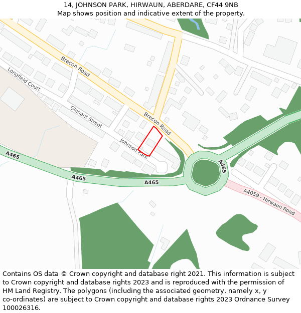 14, JOHNSON PARK, HIRWAUN, ABERDARE, CF44 9NB: Location map and indicative extent of plot