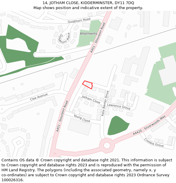 14, JOTHAM CLOSE, KIDDERMINSTER, DY11 7DQ: Location map and indicative extent of plot