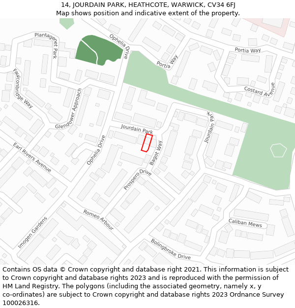 14, JOURDAIN PARK, HEATHCOTE, WARWICK, CV34 6FJ: Location map and indicative extent of plot