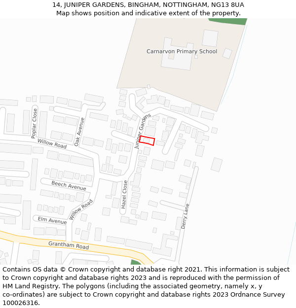 14, JUNIPER GARDENS, BINGHAM, NOTTINGHAM, NG13 8UA: Location map and indicative extent of plot