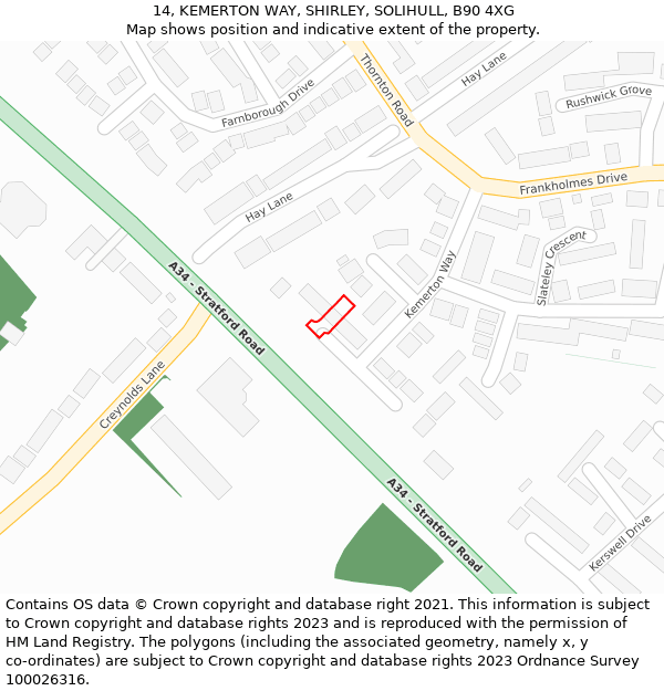 14, KEMERTON WAY, SHIRLEY, SOLIHULL, B90 4XG: Location map and indicative extent of plot