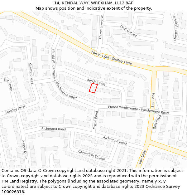 14, KENDAL WAY, WREXHAM, LL12 8AF: Location map and indicative extent of plot