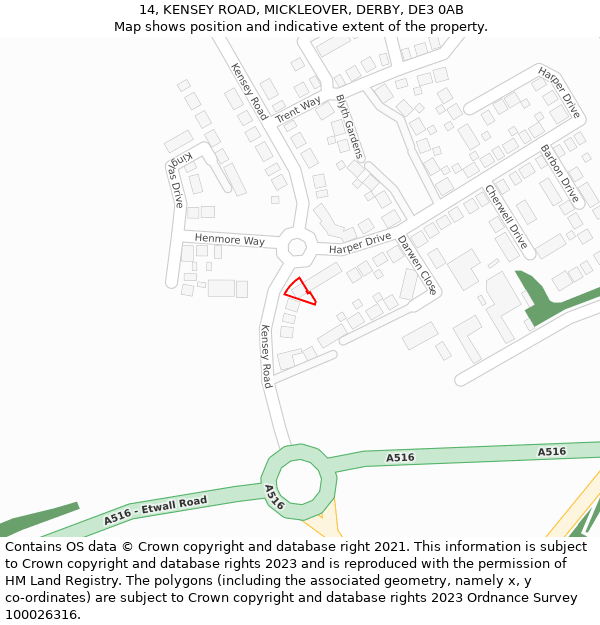 14, KENSEY ROAD, MICKLEOVER, DERBY, DE3 0AB: Location map and indicative extent of plot