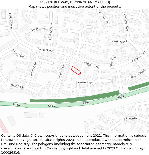 14, KESTREL WAY, BUCKINGHAM, MK18 7HJ: Location map and indicative extent of plot