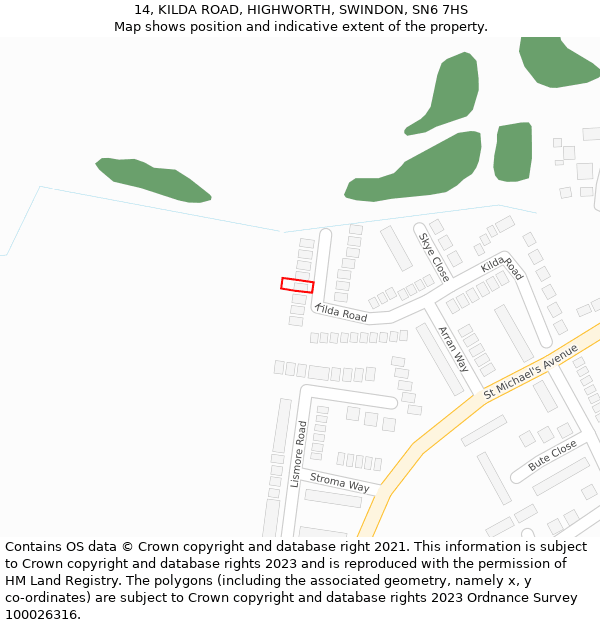 14, KILDA ROAD, HIGHWORTH, SWINDON, SN6 7HS: Location map and indicative extent of plot