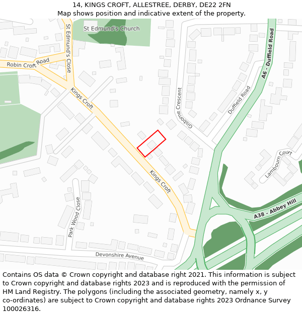 14, KINGS CROFT, ALLESTREE, DERBY, DE22 2FN: Location map and indicative extent of plot