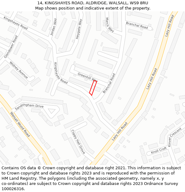 14, KINGSHAYES ROAD, ALDRIDGE, WALSALL, WS9 8RU: Location map and indicative extent of plot