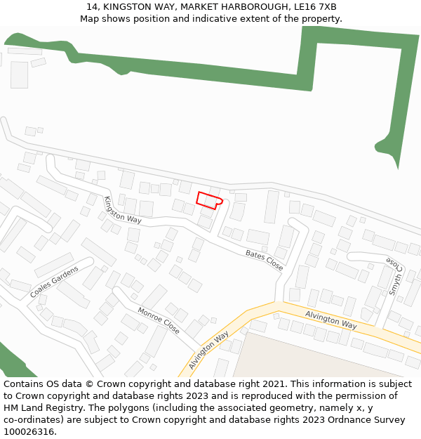 14, KINGSTON WAY, MARKET HARBOROUGH, LE16 7XB: Location map and indicative extent of plot