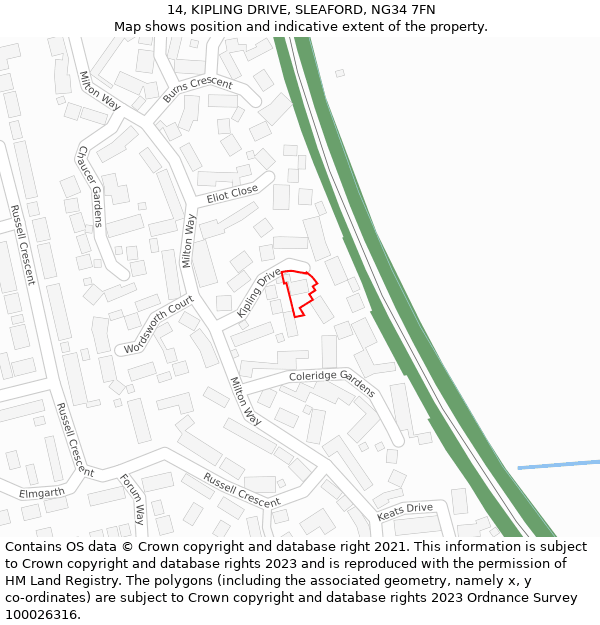 14, KIPLING DRIVE, SLEAFORD, NG34 7FN: Location map and indicative extent of plot