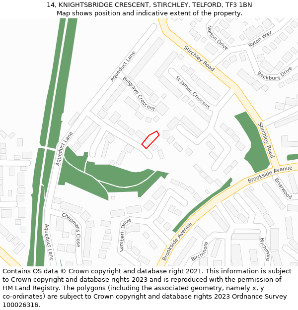 14, KNIGHTSBRIDGE CRESCENT, STIRCHLEY, TELFORD, TF3 1BN: Location map and indicative extent of plot