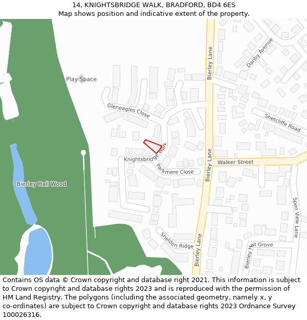 14, KNIGHTSBRIDGE WALK, BRADFORD, BD4 6ES: Location map and indicative extent of plot