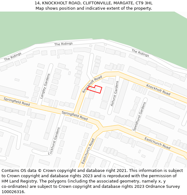 14, KNOCKHOLT ROAD, CLIFTONVILLE, MARGATE, CT9 3HL: Location map and indicative extent of plot