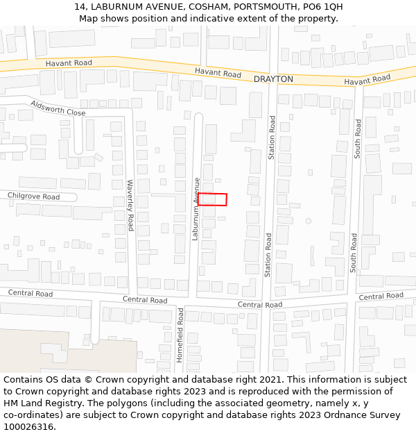 14, LABURNUM AVENUE, COSHAM, PORTSMOUTH, PO6 1QH: Location map and indicative extent of plot