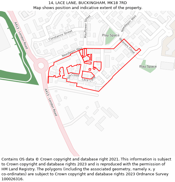 14, LACE LANE, BUCKINGHAM, MK18 7RD: Location map and indicative extent of plot