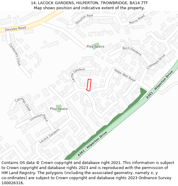 14, LACOCK GARDENS, HILPERTON, TROWBRIDGE, BA14 7TF: Location map and indicative extent of plot