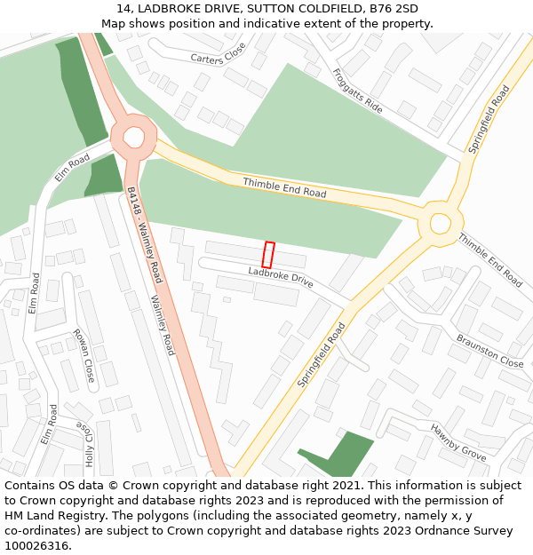 14, LADBROKE DRIVE, SUTTON COLDFIELD, B76 2SD: Location map and indicative extent of plot