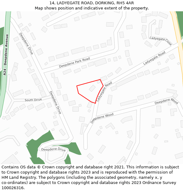 14, LADYEGATE ROAD, DORKING, RH5 4AR: Location map and indicative extent of plot