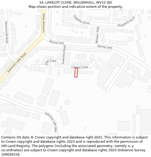 14, LAKELOT CLOSE, WILLENHALL, WV12 4JX: Location map and indicative extent of plot