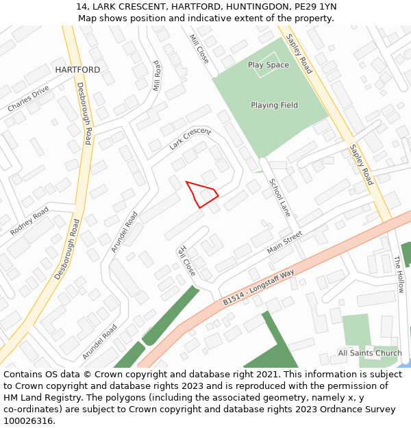 14, LARK CRESCENT, HARTFORD, HUNTINGDON, PE29 1YN: Location map and indicative extent of plot