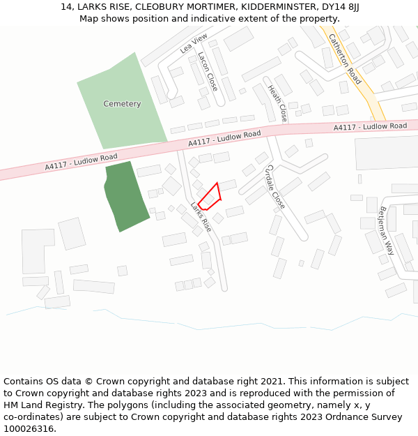 14, LARKS RISE, CLEOBURY MORTIMER, KIDDERMINSTER, DY14 8JJ: Location map and indicative extent of plot