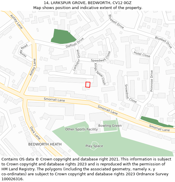 14, LARKSPUR GROVE, BEDWORTH, CV12 0GZ: Location map and indicative extent of plot