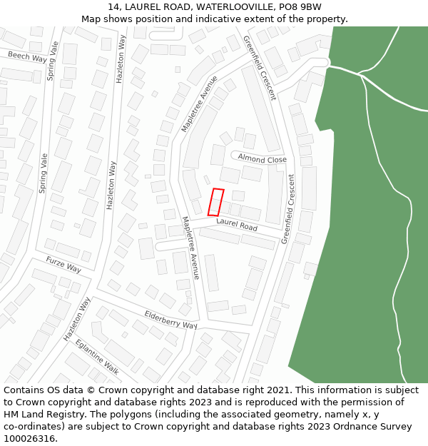 14, LAUREL ROAD, WATERLOOVILLE, PO8 9BW: Location map and indicative extent of plot